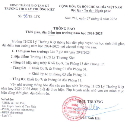 THÔNG BÁO TỰU TRƯỜNG - Năm học: 2024-2025